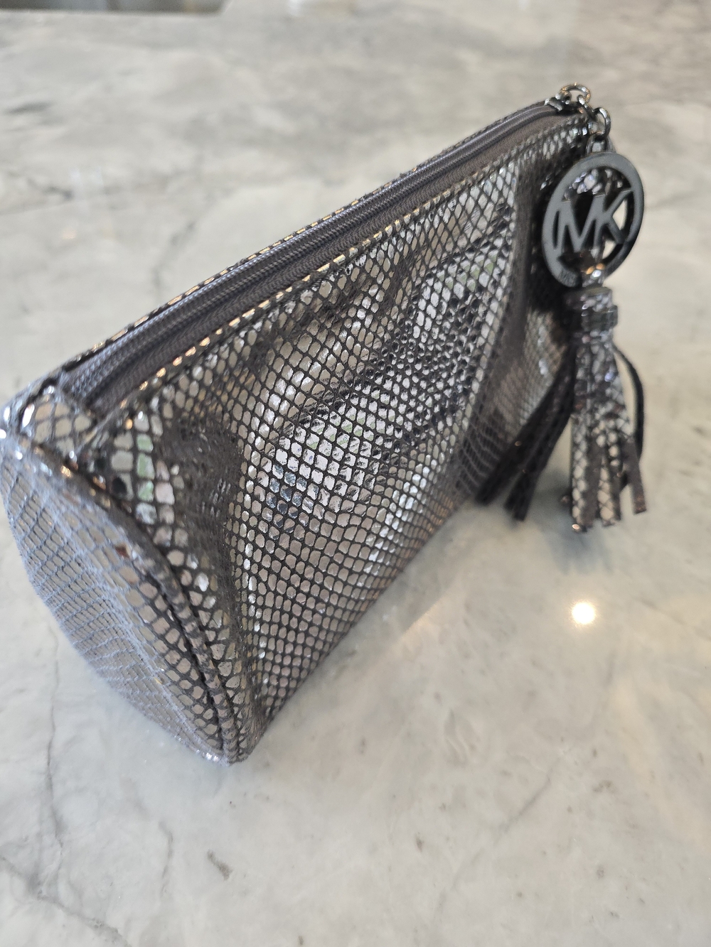 Michael Kors Cute Sparkly Metallic Silver Snake-Print Cosmetic Pouch Clutch